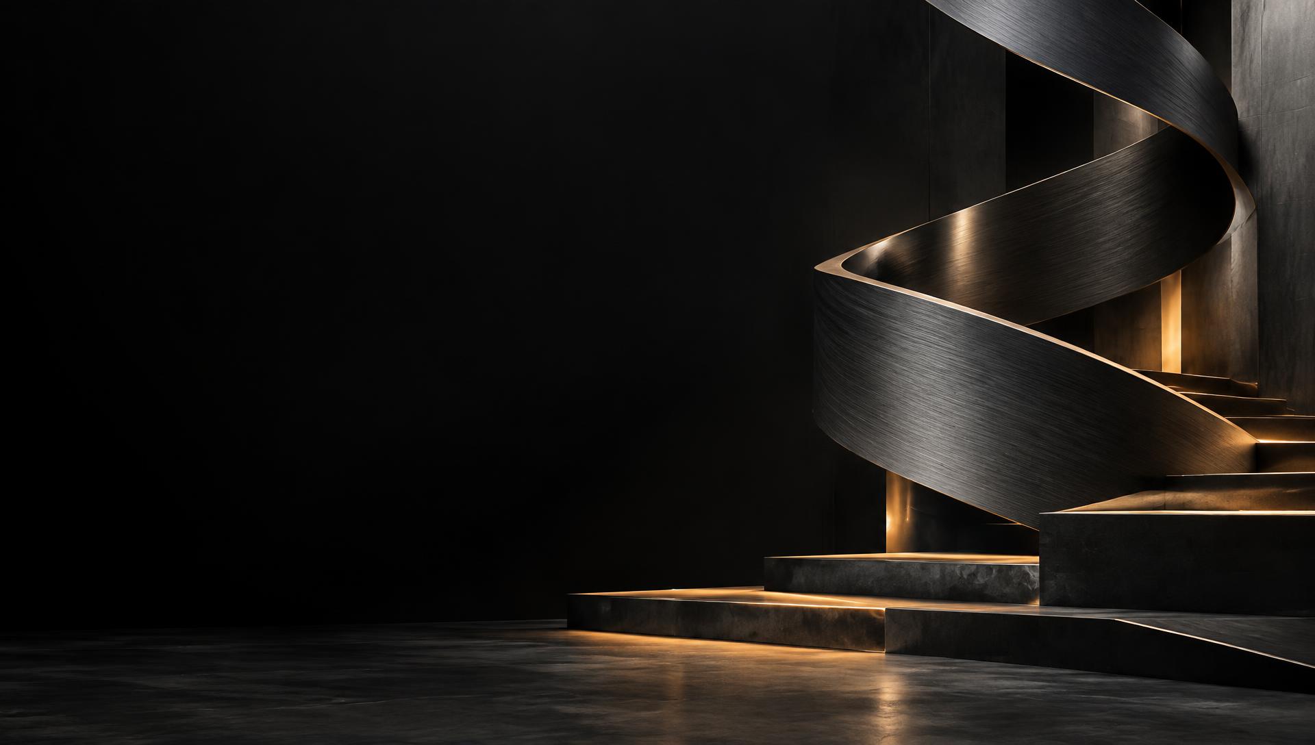 Sculptural ascending graphite forms with amber edges, inspired by digital growth